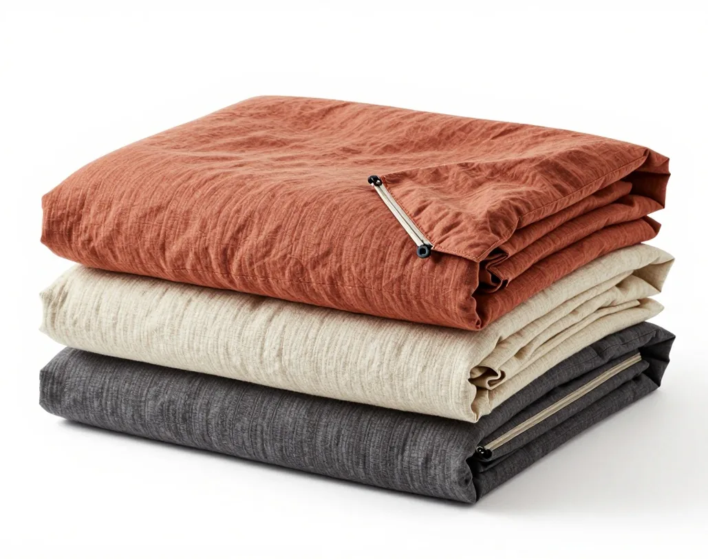 Three neatly stacked folded linen duvet covers in muted terracotta, natural flax and cream